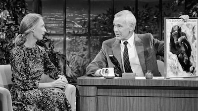 Goodall during an interview with host Johnny Carson on The Tonight Show, January 3, 1984. Getty Images