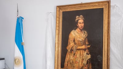 The painting of Contessa Colleoni by Italian artist Giuseppe Ghislandi at a media conference in Mar del Plata, Argentina. EPA