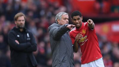 Jose Mourinho, centre, and Marcus Rashford, right, masterminded Manchester United's victory over Liverpool. Laurence Griffiths / Getty Images