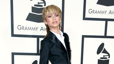 Zendaya wore a DSquared tuxedo to attend the 58th Annual Grammy Awards ceremony at the Staples Centre in Los Angeles on February 15, 2016. EPA