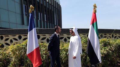 Sheikh Mohammed bin Zayd, Crown Prince and Deputy Supreme Commander of the Armed Forces, meets French Prime Minister Edouard Philippe during a visit to Louvre Abu Dhabi ahead of the launch of UAE-France Cultural Dialogue 2018. Karim Sahib / AFP