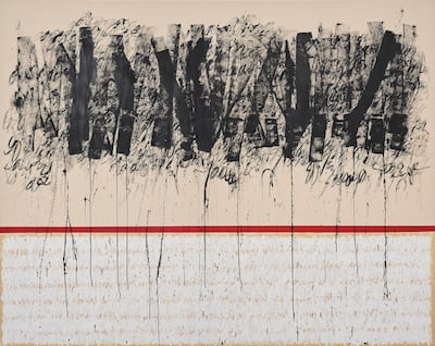 Emirati artist Juma Al Haj's Black Cloud, Red Line (2026) is now on display at Iris Projects. Photo: Juma Al Haj