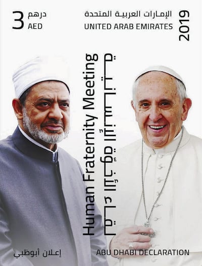A commemorative stamp to mark the Human Fraternity Conference held in Abu Dhabi. Courtesy Emirates Post Group