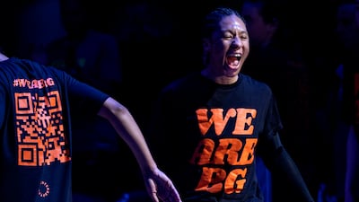 Minnesota Lynx's Aerial Powers wears a shirt in support of Griner during introductions for the team's WNBA basketball game against the Seattle Storm. Star Tribune / AP