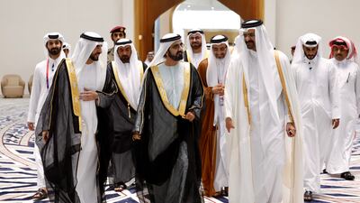 Sheikh Mohammed bin Rashid, Vice President and Ruler of Dubai, accompanied by Sheikh Hamdan bin Mohammed, Crown Prince of Dubai, attending the opening ceremony of the Fifa World Cup at the Al Bayt Stadium in Doha, in the presence of Emir of Qatar, Sheikh Tamim, heads of states and senior officials. Photo: The Government of Dubai Media Office