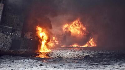 Iranian oil tanker Sanchi is seen engulfed in fire in the East China Sea on January 13, 2018, a day before it sank. China Daily via Reuters