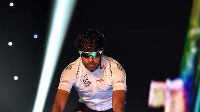 The white jersey is modelled during the launch of the 2016 Dubai Tour. Courtesy: Dubai Sports Council