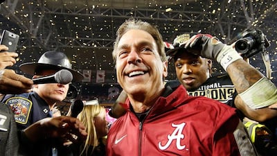 Head coach Nick Saban of the Alabama Crimson Tide celebrates after defeating the Clemson Tigers in the 2016 College Football Playoff National Championship Game at University of Phoenix Stadium on January 11, 2016 in Glendale, Arizona. The Crimson Tide defeated the Tigers with a score of 45 to 40. Christian Petersen/Getty Images/AFP