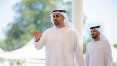 Sheikh Theyab bin Mohamed, Chairman of the Office of Development and Martyrs' Families Affairs at the Presidential Court, attends condolences on the death of Sheikh Hazza, at Al Mushrif Palace. Ryan Carter / Presidential Court