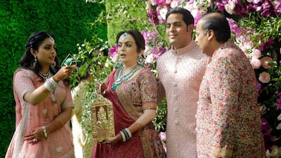 Reliance Industries Chairman Mukesh Ambani, right, his wife Nita Ambani, second left, son Akash Ambani and daughter Isha arrive for Akash's wedding in Mumbai, India, Saturday, March 9, 2019. Photo: AP