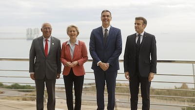 From left, Portuguese Prime Minister Antonio Costa, European Commission President Ursula von der Leyen, Spanish Prime Minister Pedro Sanchez and French President, Emmanuel Macron. EPA