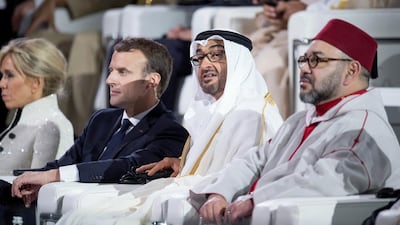 The inauguration ceremony of the museum on November 8, 2017 was attended by Sheikh Mohamed bin Zayed Al Nahyan, Crown Prince of Abu Dhabi and Deputy Supreme Commander of the UAE Armed Forces (centre), King Mohamed VI of Morocco (right) and French president Emmanuel Macron (left). Hamad Al Kaabi / Crown Prince Court - Abu Dhabi