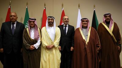 From left: Egyptian Foreign Minister Sameh Shoukry, Saudi Minister of State for Foreign Affairs Adel Al Jubeir, UAE Minister for Foreign Affairs and International Co-operation Sheikh Abdullah bin Zayed, Jordanian Foreign Minister Ayman Safadi, Bahrain Foreign Minister Sheikh Khaled bin Ahmad Al Khalifa and Kuwait Foreign Minister Sheikh Sabah Khaled Al Hamad Al Sabah pose for a group photo at the summit. AFP