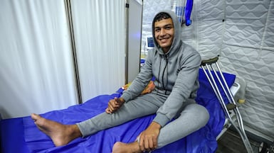 Palestinian patient Hamza Mousa Hassan receiving care at the UAE's floating hospital in Al Arish, Egypt in March. Victor Besa / The National