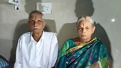 Mangayamma Yaramati, 73, who last week gave birth to healthy twin baby girls is seen with her husband, 82.