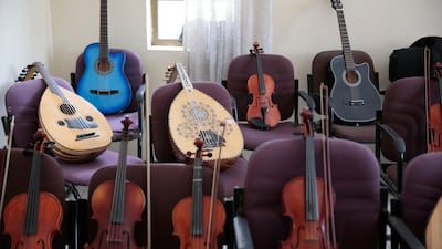 Musical instruments sit on chairs during a break of a music class at the Cultural Centre in Sanaa, Yemen, on April 9, 2018. Hani Mohammed / AP Photo