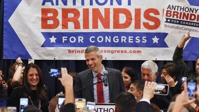 Democratic candidate Anthony Brindisi gives his victory speech at the Delta Hotel in Utica, NY. AP Photo