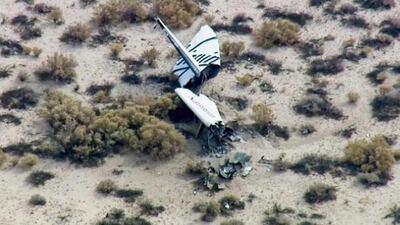 This image from video by KABC TV Los Angeles shows wreckage of what is believed to be SpaceShipTwo in Southern California’s Mojave Desert after it crashed on October 31, 2014. KABC TV / AP Photo