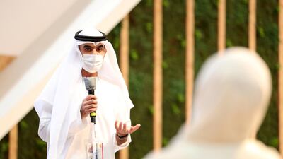 Younus Al Nasser, assistant director general of Smart Dubai, talks to an audience at Gitex about how the pandemic has changed the world of work. Pawan Singh / The National