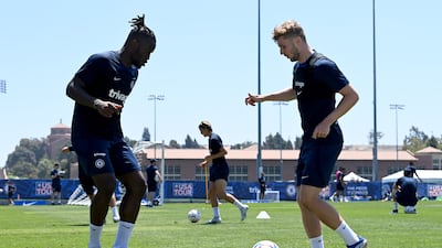 Michy Batshuayi and Timo Werner of Chelsea during a training session at Drake Stadium UCLA Campus in Los Angeles, California.
