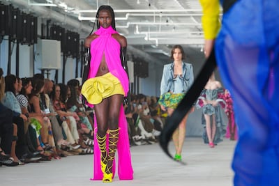 Shocking pink and yellow on the Prabal Gurung spring/summer 2023 runway at New York Fashion Week. AP