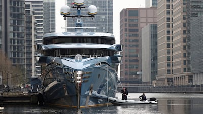 Detained Russian-owned superyacht Phi in London's West India and Millwall Docks in March 2022. Reuters