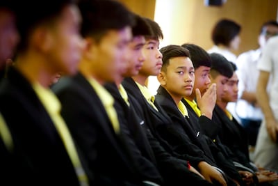 Members of Thailand's Wild Boars football team attend a press conference to announce the Netflix deal. EPA