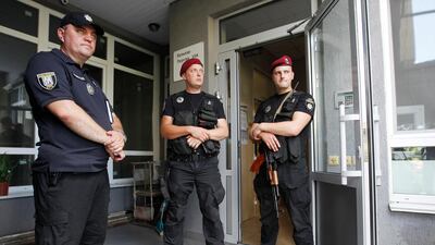 Ukrainian policemen guard entrance to the home of Ukrainian lawmaker Dmytro Tymchuk in Kiev, Ukraine, 19 June 2019. EPA/STEPAN FRANKO