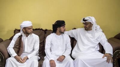 Sheikh Mohammed bin Zayed, Crown Prince of Abu Dhabi and Deputy Supreme Commander of the Armed Forces, offers condolences to the family of Nader Mubarak Eisa Soliman, who died while serving with the UAE Armed Forces in Yemen. Rashed Al Mansoori / Crown Prince Court - Abu Dhabi