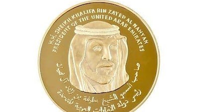 The 24 carat, five-ounce coin, minted in Switzerland, is adorned with the face of President Sheikh Khalifa, President of the UAE, on one side, and an image of the Burj Khalifa on the other.