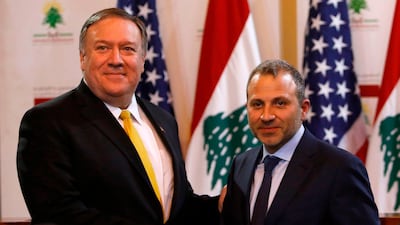 US Secretary of State Mike Pompeo with Lebanese Foreign Minister Gibran Bassil in Beirut. Marwan Tahtah / AP