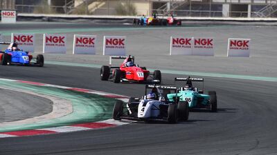 Adrian Newey leads the field during a race for the MRF Challenge on Saturday. Courtesy Dubai Autodrome
