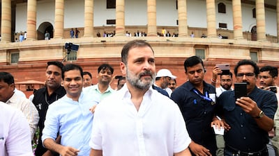 Congress party leader Rahul Gandhi spoke in the Indian Parliament for the first time since his disqualification was revoked. EPA