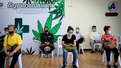 Patients sit in the waiting hall at Thailand's first official medical cannabis clinic at the Thai Traditional and Alternative Medicine Department inside the Public Health Ministry building on the outskirts of Bangkok, Thailand. EPA