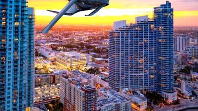 The Cavorite 5 depicted in a rendering of the electric plane over Miami. Courtesy: Horizon Aircraft