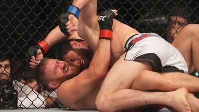 Magomed Ankalaev attempts a ground and pound on Jan Blachowicz during UFC 282 at T-Mobile Arena. USA Today