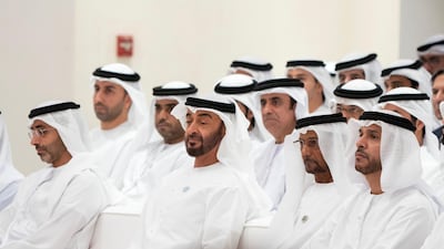Sheikh Mohammed bin Zayed, Crown Prince of Abu Dhabi and Deputy Supreme Commander of the UAE Armed Forces (second left) attends a lecture by Angela Duckworth (not shown), titled ‘True Grit: The Surprising, and Inspiring Science of Success’, at Majlis Mohamed bin Zayed. He is seen with Sheikh Diab bin Zayed Al Nahyan (left), Sheikh Fahim bin Sultan Al Qasimi (third left) and Sheikh Khalifa bin Mohamed bin Khaled Al Nahyan (right). Rashed Al Mansoori / Crown Prince Court - Abu Dhabi