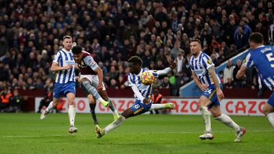 Aston Villa's Ollie Watkins scores the opening goal. AP