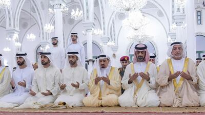 Ajman Ruler, Sheikh Humaid bin Rashid Al Nuaimi, performs Eid Al Adha prayers at Sheikh Rashid Bin Humaid Mosque. Wam