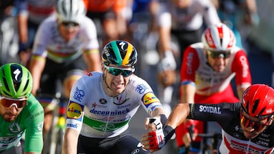 Sam Bennett is congratulated by Australia's Caleb Ewan. AP