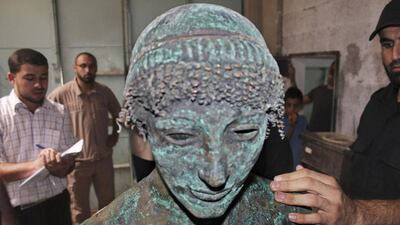 A bronze statue of the Greek god Apollo that was lost for centuries and reported to have been fished from the sea by a Gaza fisherman last August. Gaza Ministry of Tourism and Antiquities / Reuters