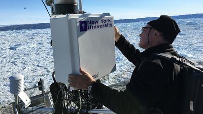 NYU-AD scientist David Holland during the filming of the documentary Decoding the Weather Machine last June at the Jakobshavn Glacier in Greenland. The had a pre-screening at NYU-AD last week and will air on PBS April 18. Photos Courtesy: Doug Hamilton