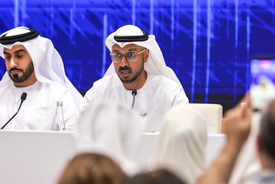 Osama Amir Fadhel, assistant undersecretary at the Ministry of Industry and Advanced Technology speaking during the Make it in the Emirates media briefing on Thursday. Victor Besa / The National