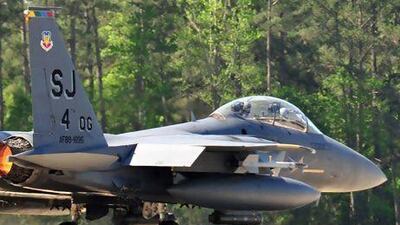An F-15E Strike Eagle takes off during a training mission at Seymour Johnson Air Force Base.