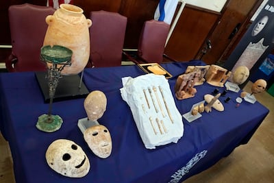 Looted antiquities seized from billionaire hedge fund manager Michael Steinhardt are displayed in the offices of the Manhattan District Attorney in New York. AP