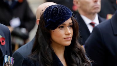 The Duchess of Sussex as she attended the official opening of the annual Field of Remembrance at Westminster Abbey in London in 2019. AP