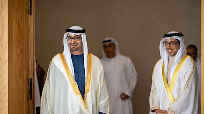Sheikh Mohamed at the Eid Al Fitr reception with Sheikh Mansour bin Zayed, Vice President, Deputy Prime Minister and Chairman of the Presidential Court. Abdulla Al Bedwawi / UAE Presidential Court
