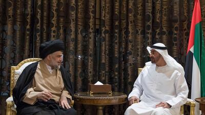 Sheikh Mohamed bin Zayed Al Nahyan, Crown Prince of Abu Dhabi and Deputy Supreme Commander of the UAE Armed Forces, meets with Iraqi Shia cleric, Muqtada Al Sadr at Al Shati Palace. Ryan Carter / Crown Prince Court - Abu Dhabi.