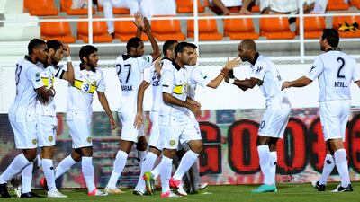 Al Wasl celebrate after taking the lead at Ajman. Afsal Sham