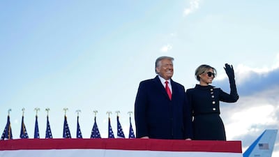 Outgoing US President Donald Trump and First Lady Melania Trump address guests at Joint Base Andrews in Maryland. AFP